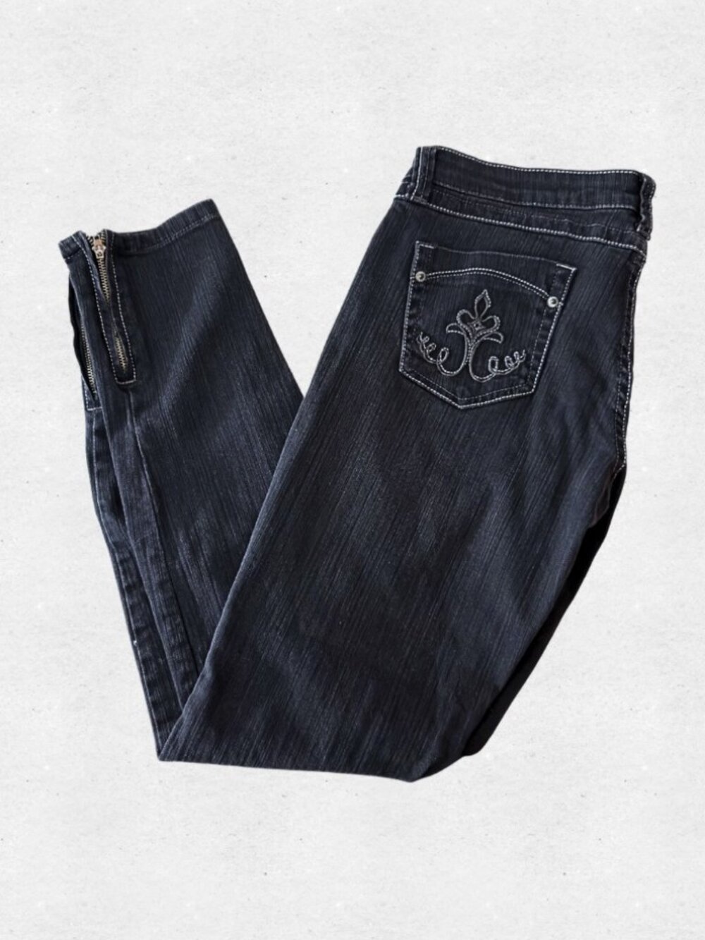 Y2K Embellished Pocket Black Low Rise Skinny Jeans 8 Ankle Zip Cybercore Mcbling